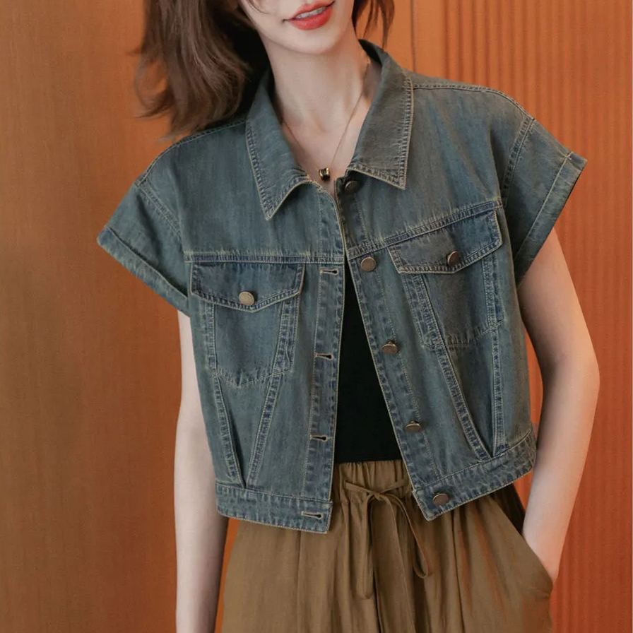 復古寬鬆顯瘦短款小飛袖牛仔外套