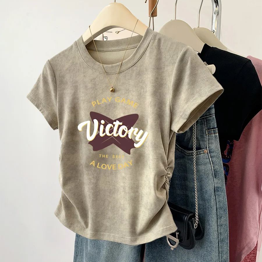 美式甜辣正肩印花ins褶皺收腰顯瘦短袖T恤