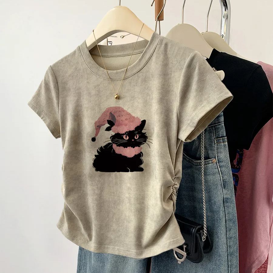 美式甜辣正肩印花ins褶皺收腰顯瘦短袖T恤