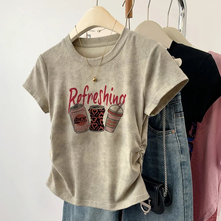 美式甜辣正肩印花ins褶皺收腰顯瘦短袖T恤