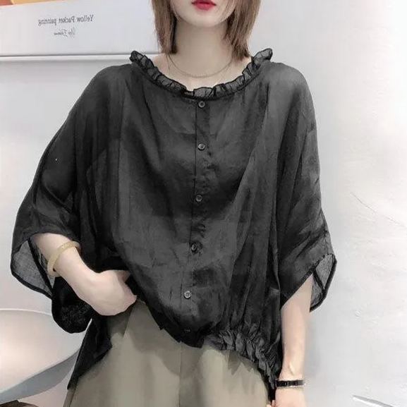 新款蝙蝠袖仿麻料韓版寬鬆襯衫