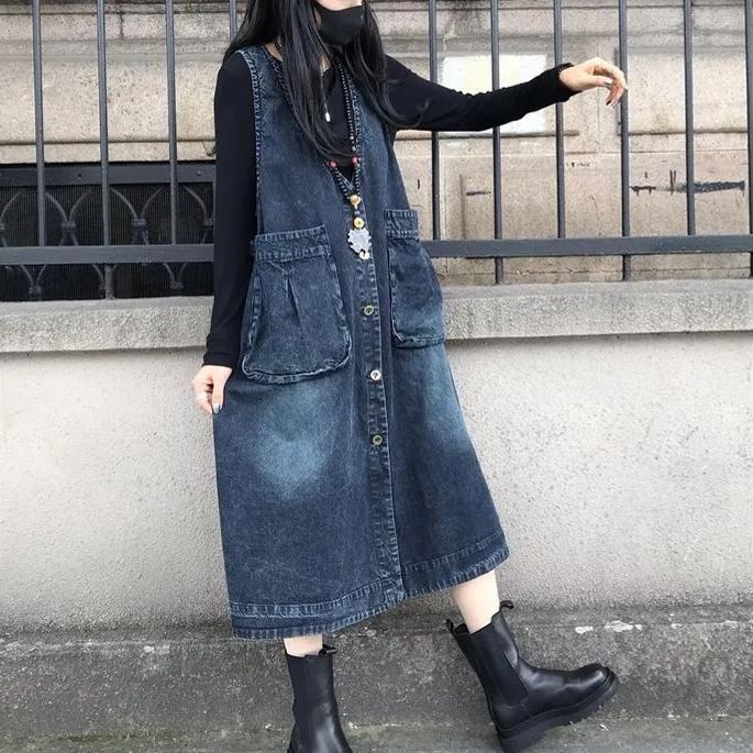 韓版寬鬆時尚中長款休閒牛仔背心連身裙