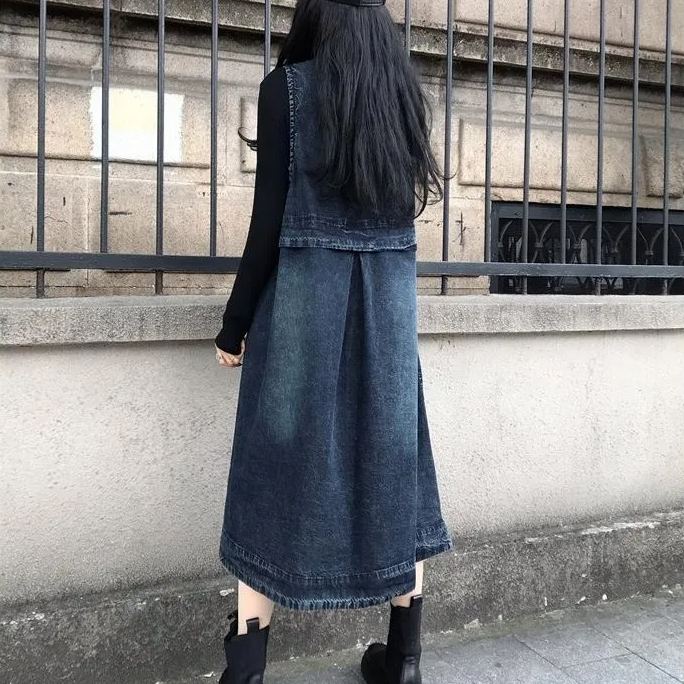 韓版寬鬆時尚中長款休閒牛仔背心連身裙