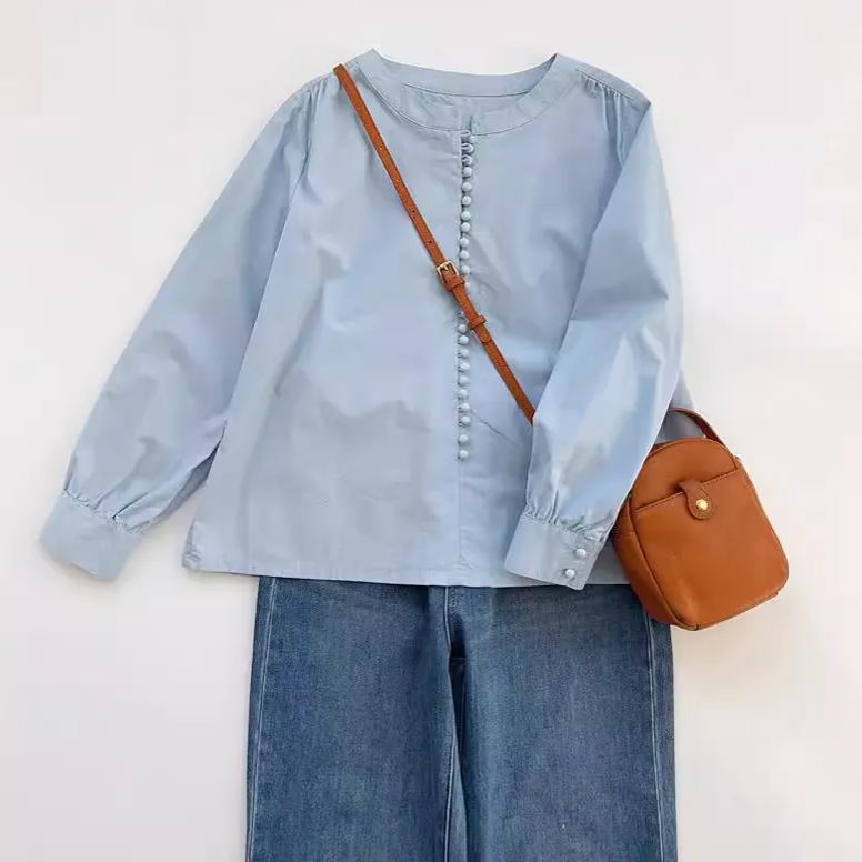 韓系霧霾藍圓領小眾棉質排扣襯衫