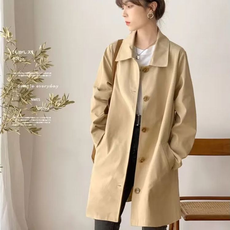 韓版甜美簡約寬鬆百搭口袋中長款風衣