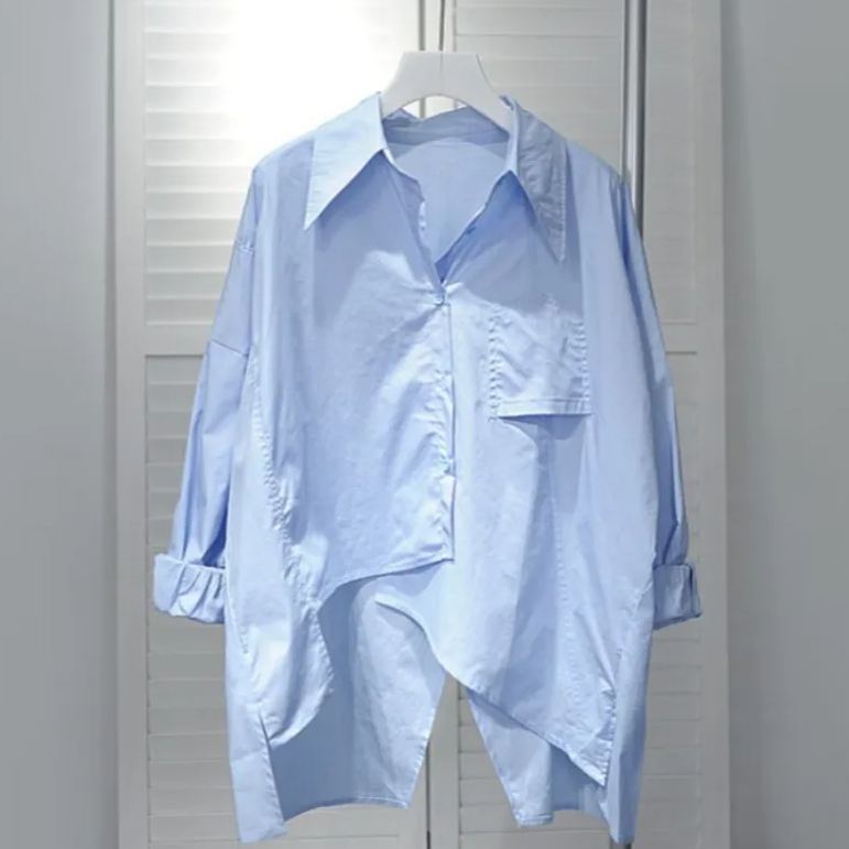 韓版薄款寬鬆後背開叉長袖不規則襯衫