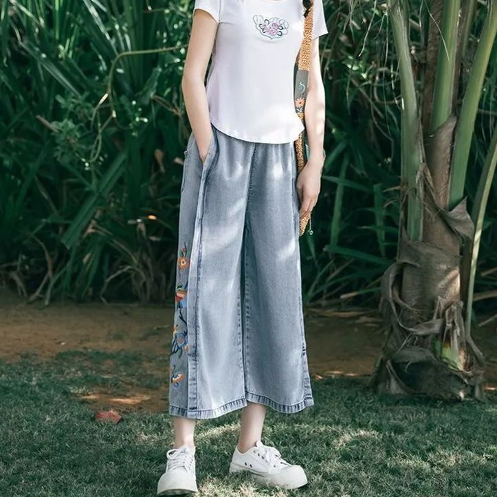 民族風刺繡薄款寬鬆a字型鬆緊腰八分牛仔褲