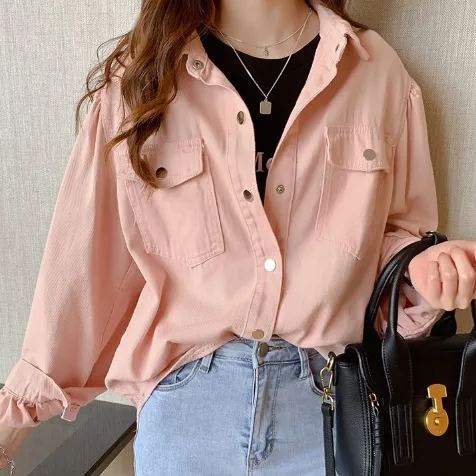 時尚設計感小眾上衣寬鬆長袖牛仔襯衫