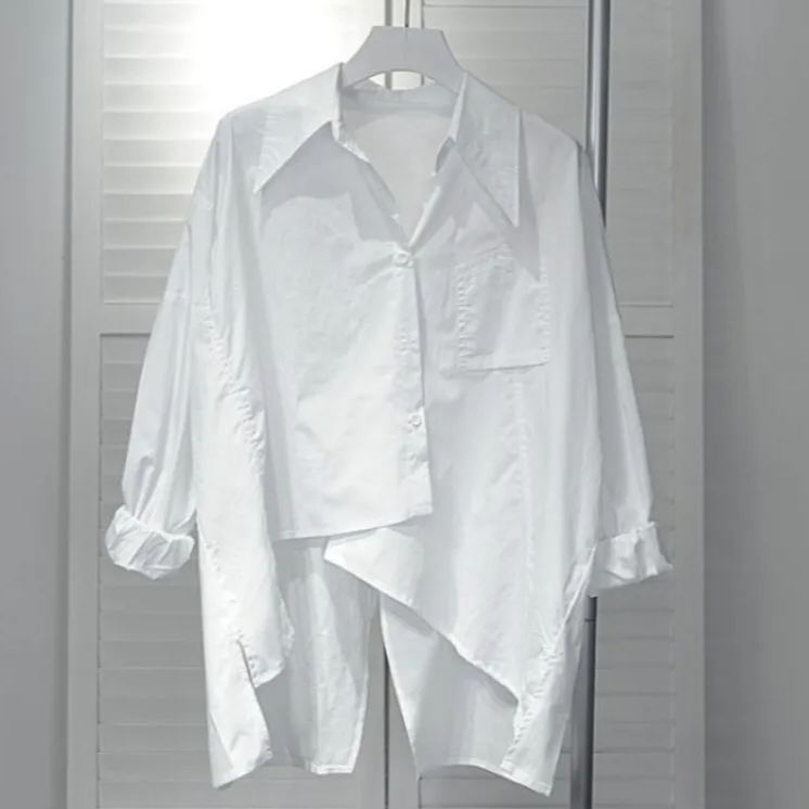 韓版薄款寬鬆後背開叉長袖不規則襯衫