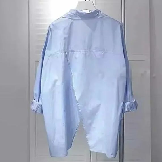 韓版薄款寬鬆後背開叉長袖不規則襯衫