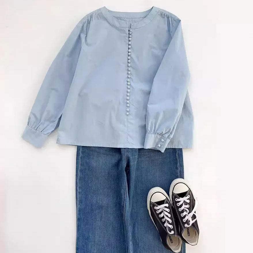 韓系霧霾藍圓領小眾棉質排扣襯衫