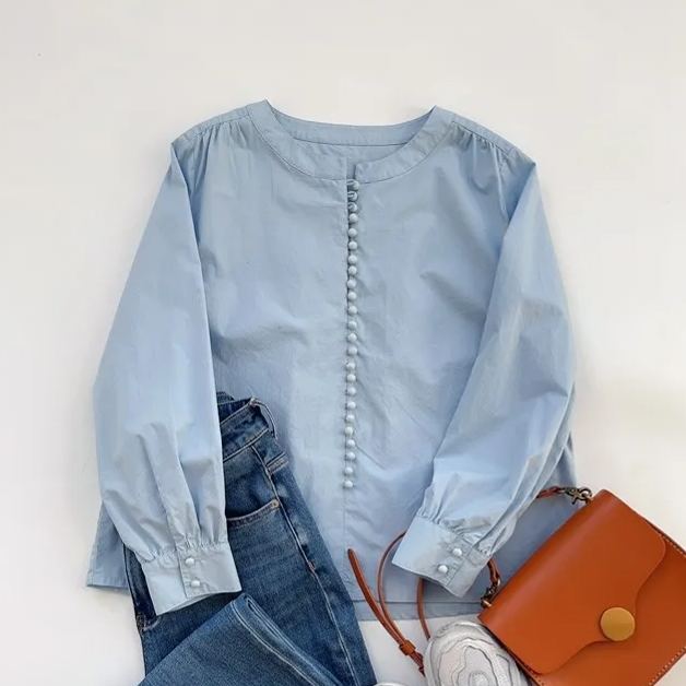 韓系霧霾藍圓領小眾棉質排扣襯衫