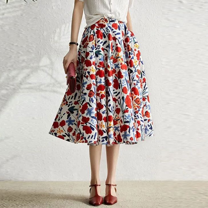 法式復古油畫印花顯瘦吊帶連衣裙/傘型剪裁半裙套裝