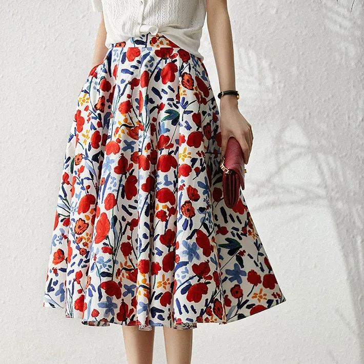 印花方領吊帶連衣裙/大擺剪裁傘型半裙套裝