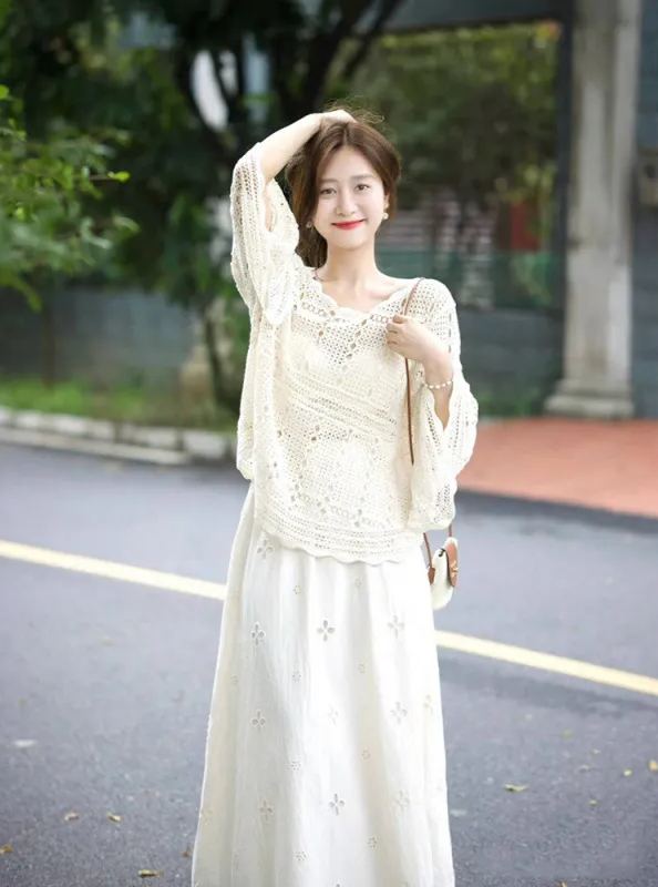 【單件/整套】溫柔小清新闊袖鏤空上衣半身長裙兩件套裝