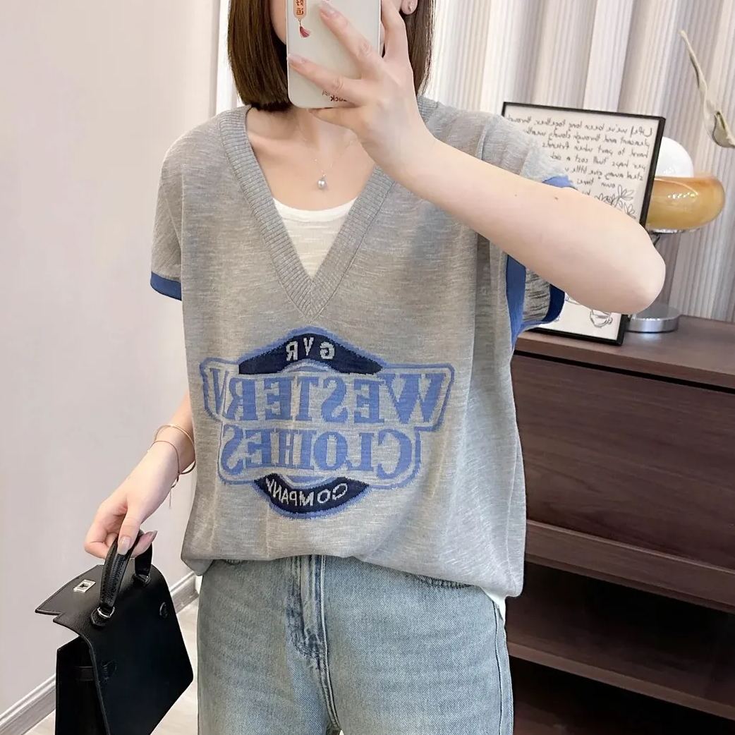 時尚假兩件薄款小飛袖正肩冰絲針織短袖