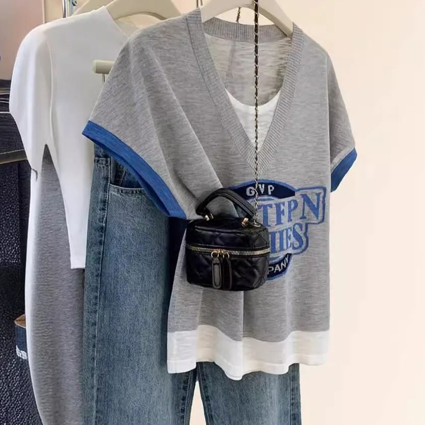 時尚假兩件薄款小飛袖正肩冰絲針織短袖-Cicichill