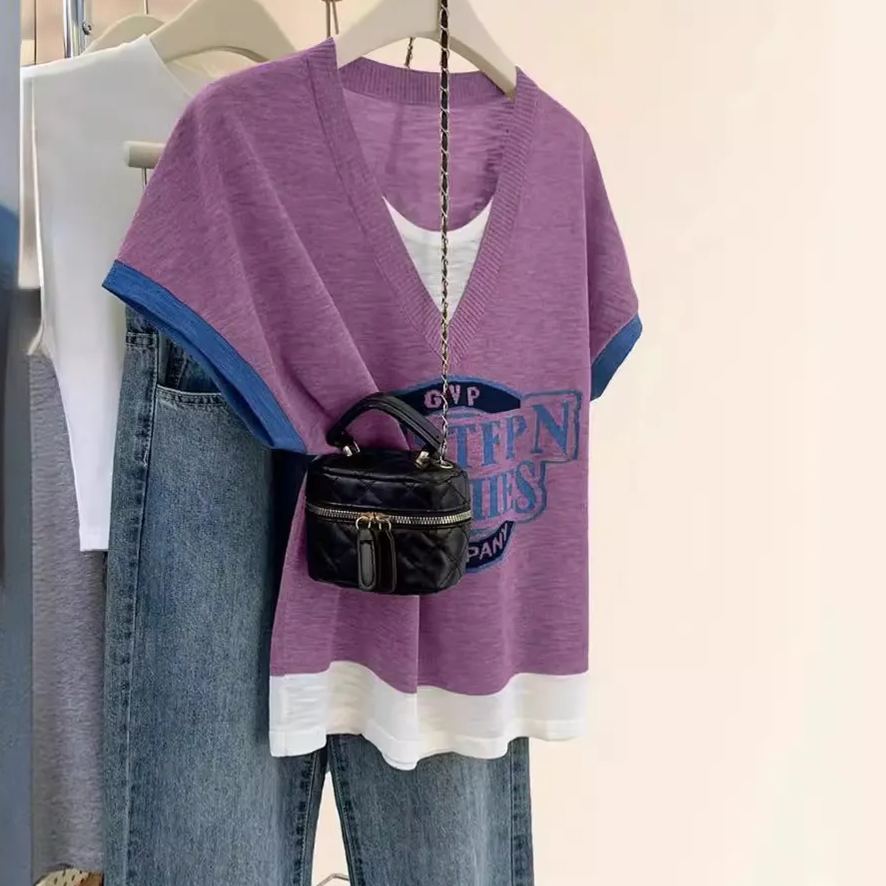 時尚假兩件薄款小飛袖正肩冰絲針織短袖-Cicichill