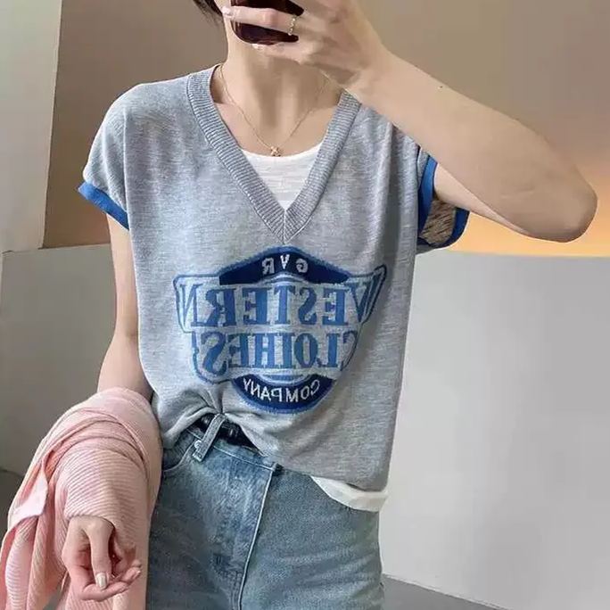 時尚假兩件薄款小飛袖正肩冰絲針織短袖