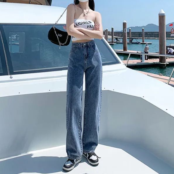 氣質休閒高腰顯瘦直筒闊腿垂感寬鬆牛仔褲