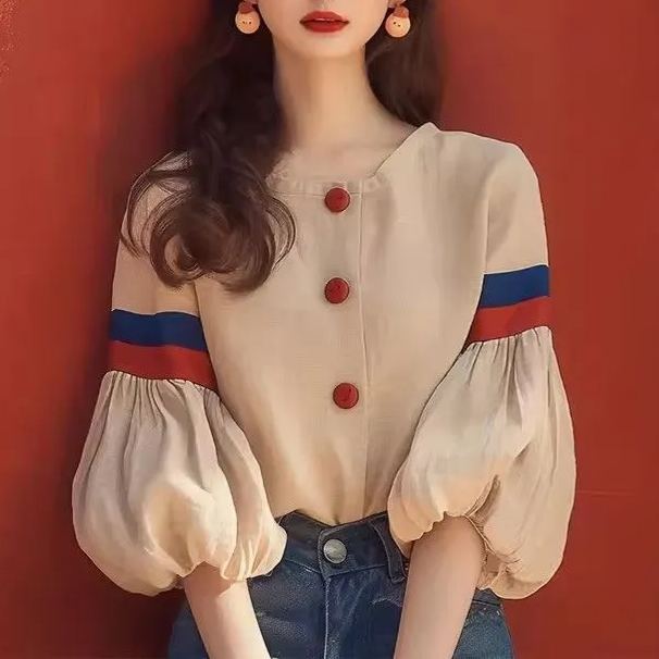 法式小眾設計感獨特洋氣減齡杏色燈籠袖襯衫