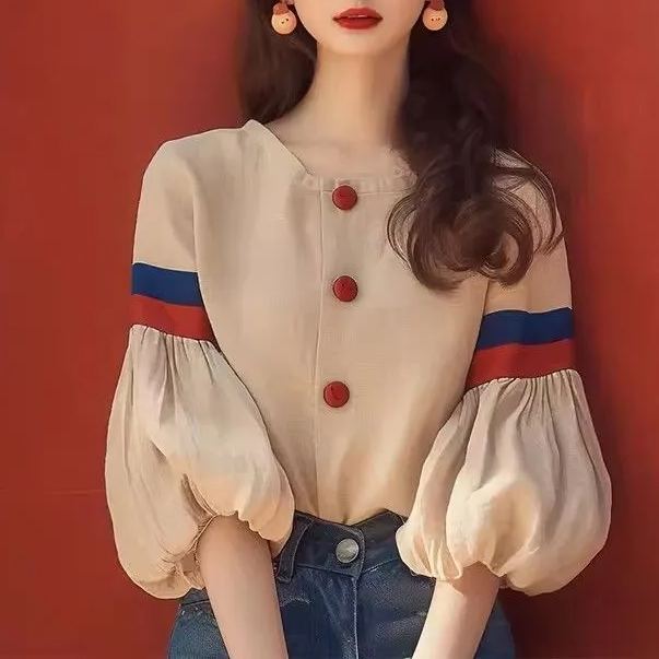法式小眾設計感獨特洋氣減齡杏色燈籠袖襯衫