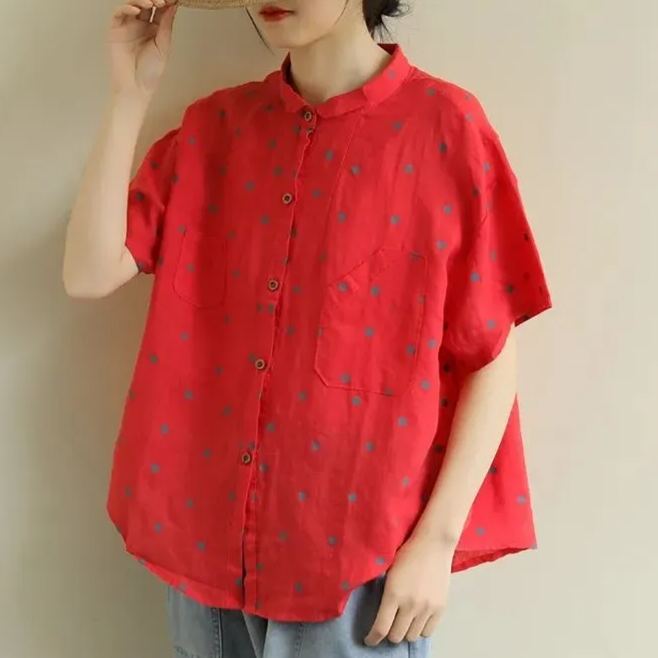 文藝復古波點寬鬆休閒百搭小翻領娃娃衫減齡襯衫