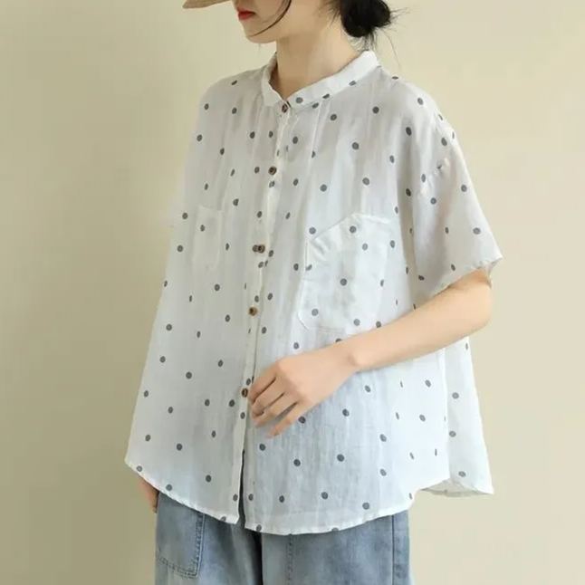文藝復古波點寬鬆休閒百搭小翻領娃娃衫減齡襯衫