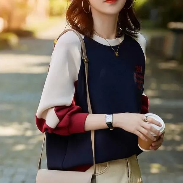 薄款拼接長袖印花寬鬆時尚洋氣ins圓領T恤衛衣-Cicichill