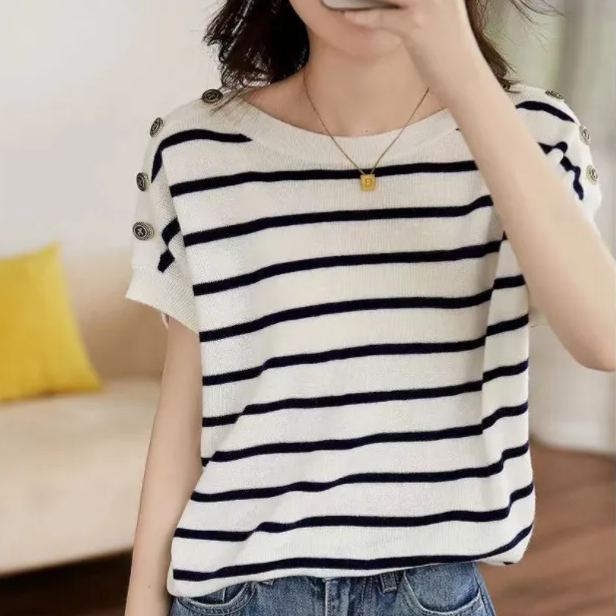 經典法式時尚條紋寬鬆簡約圓領短袖-Cicimode