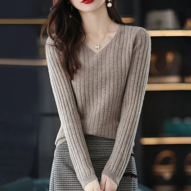 10色百搭純色V領套頭保暖內搭針織長袖-Cicichill