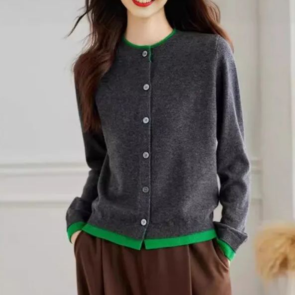 法式撞色圓領顯瘦假兩件針織開衫