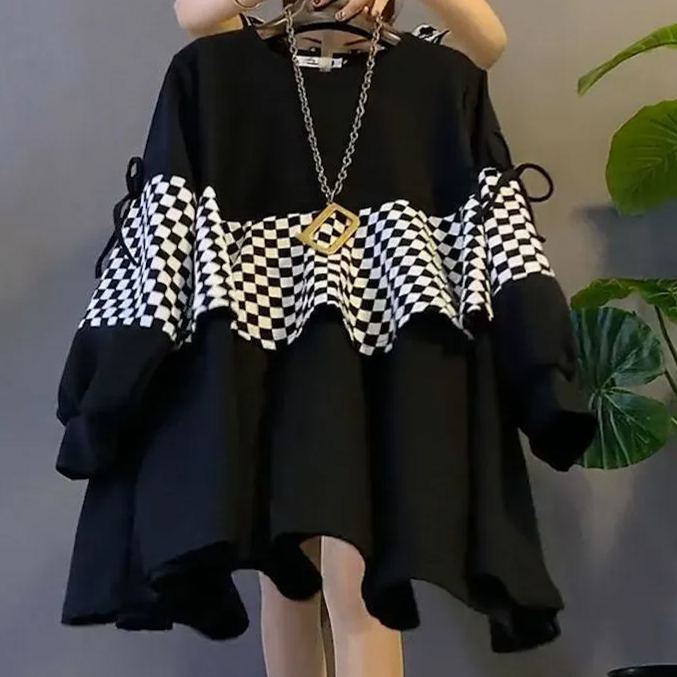 韓版假兩件遮肉顯瘦洋氣中長款衛衣