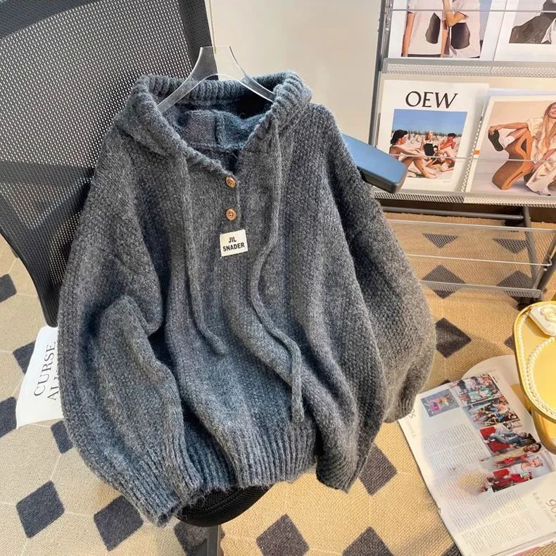 慵懶風軟糯百搭氛圍感連帽抽繩針織衛衣