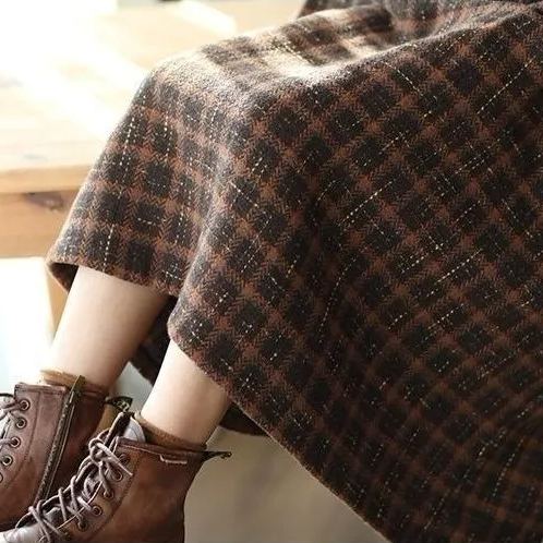 休閒寬鬆格子毛呢鬆緊腰a字半身裙