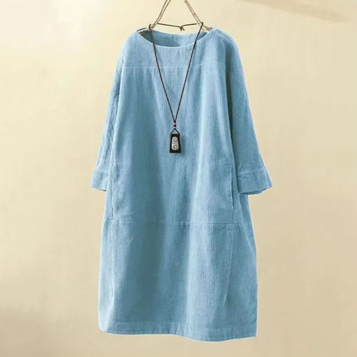 9色復古寬鬆簡約圓領純色燈芯絨連身裙-Cicichill