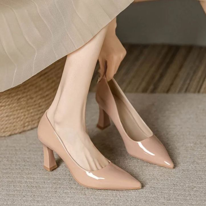 尖頭職業通勤單舒適粗跟高跟鞋