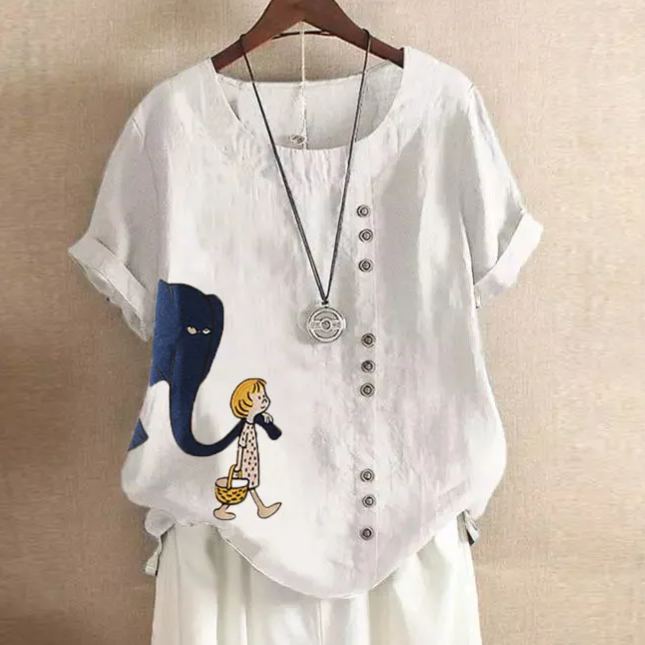 復古休閒寬鬆棉麻套頭T恤短袖（6色）-Cicichill