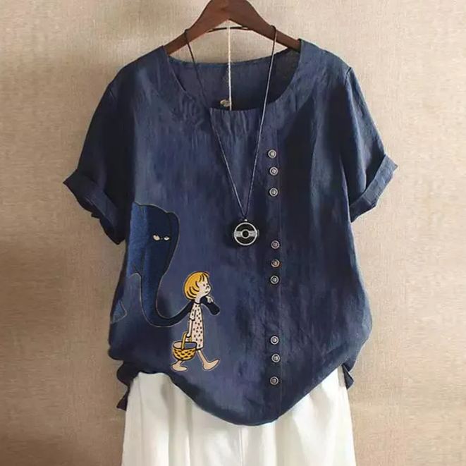 復古休閒寬鬆棉麻套頭T恤短袖（6色）-Cicichill