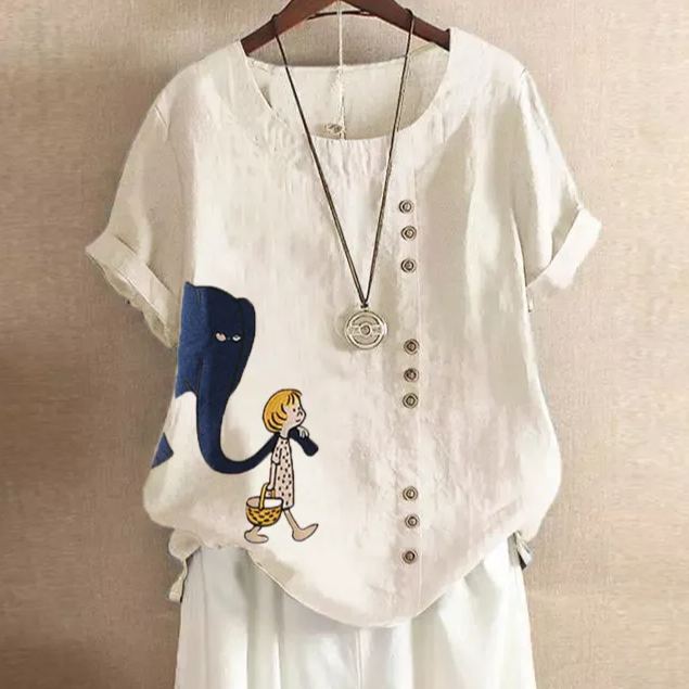 復古休閒寬鬆棉麻套頭T恤短袖（6色）-Cicichill