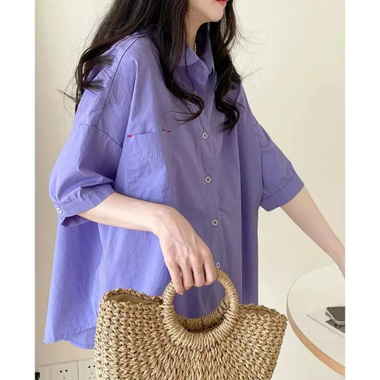 韓版通勤寬鬆a字斗篷純色女短袖上衣娃娃領襯衫
