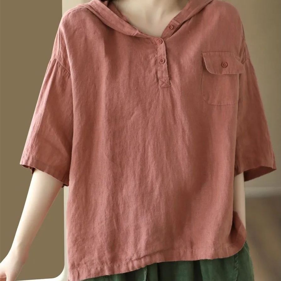文藝簡約寬鬆顯瘦棉麻透氣連帽短袖