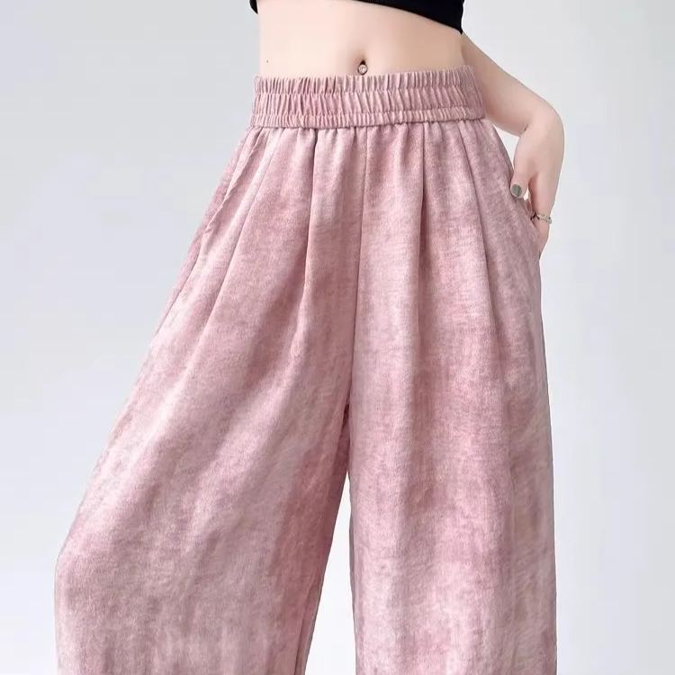 扎染冰絲棉麻薄款垂感寬鬆直筒高腰闊腿褲