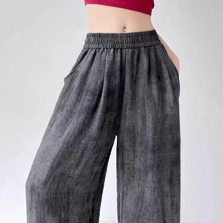 扎染冰絲棉麻薄款垂感寬鬆直筒高腰闊腿褲