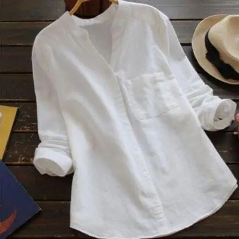 8色棉麻大碼顯瘦文藝v領寬鬆襯衫-Cicichill