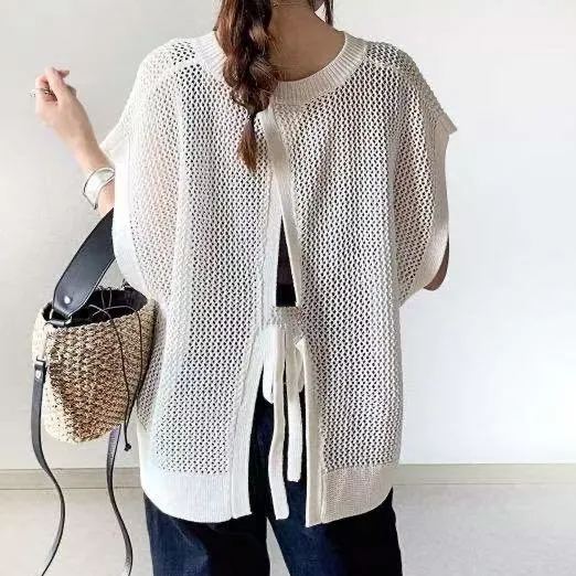 鏤空微透純色網衫寬鬆圓領套頭休閒短袖