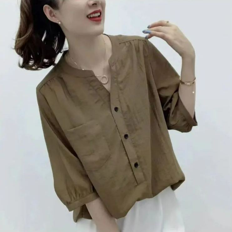 高檔女裝女士襯衫新款純色復古寬鬆襯衣中袖大碼小衫上衣