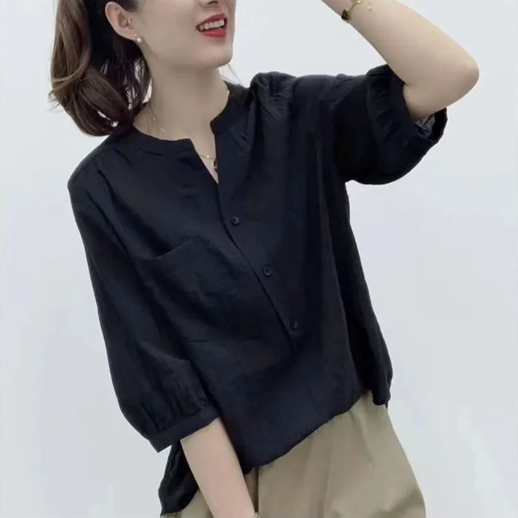 高檔女裝女士襯衫新款純色復古寬鬆襯衣中袖大碼小衫上衣