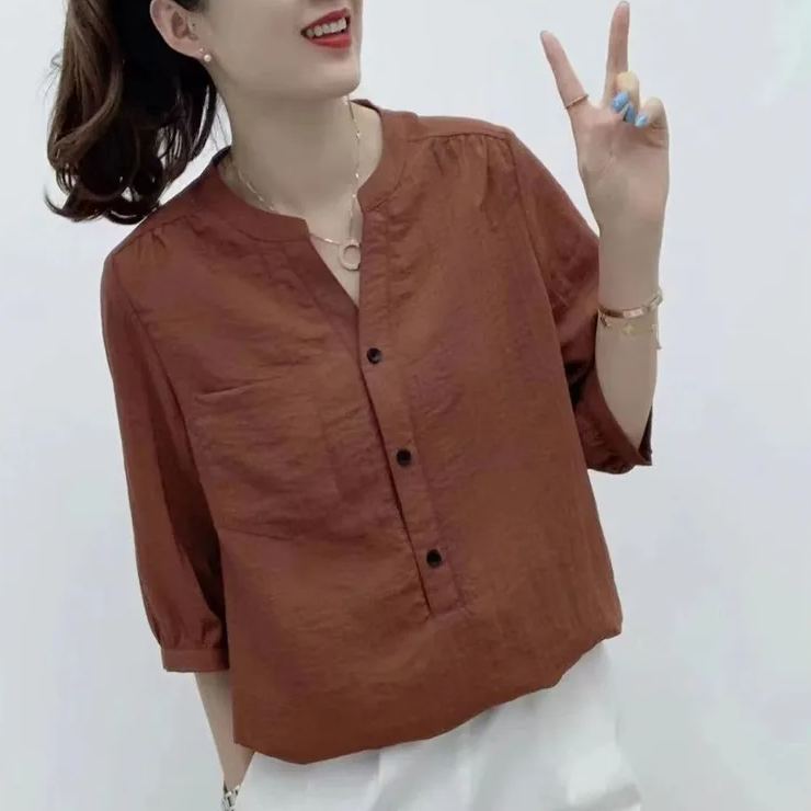 高檔女裝女士襯衫新款純色復古寬鬆襯衣中袖大碼小衫上衣