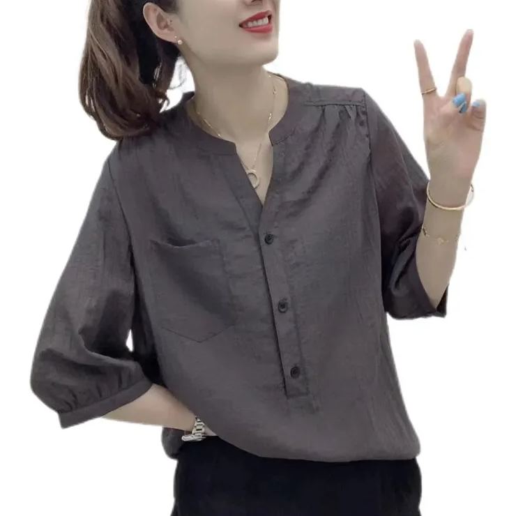 高檔女裝女士襯衫新款純色復古寬鬆襯衣中袖大碼小衫上衣